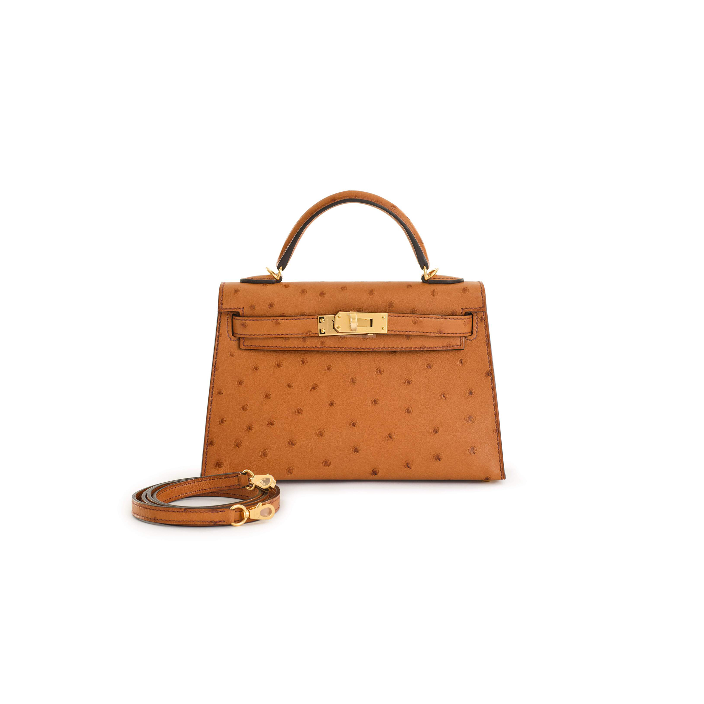 H**mes master cognac ostrich mini kelly ii gold hardware (19*12*5.5cm)